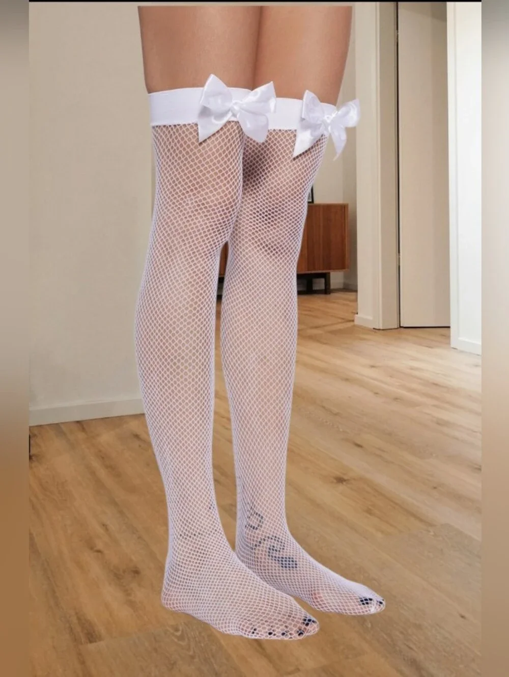 Leg Avenue White Fishnet Thigh-High Stockings with Satin Bows